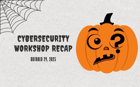 A black spider web in the top left corner, an orange jack-o-lantern with a confused expression in the middle right, and 